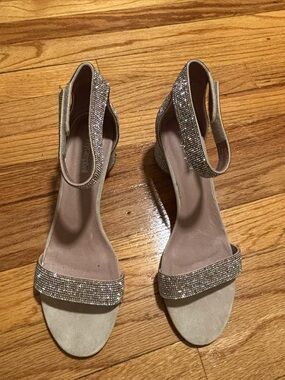 Embellished Ankle-Strap Sandals in Beige with Rhinestones